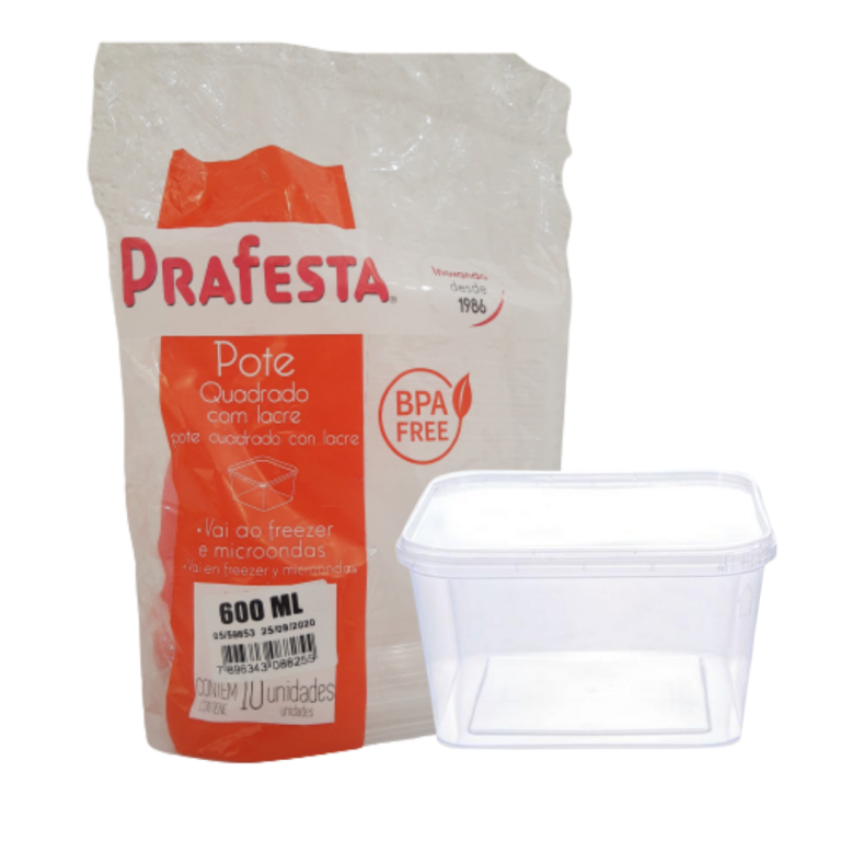 PRAFESTA - POTE 0600ML QUADRADO PP C/TAMPA LACRE (8825) - PT.10UN